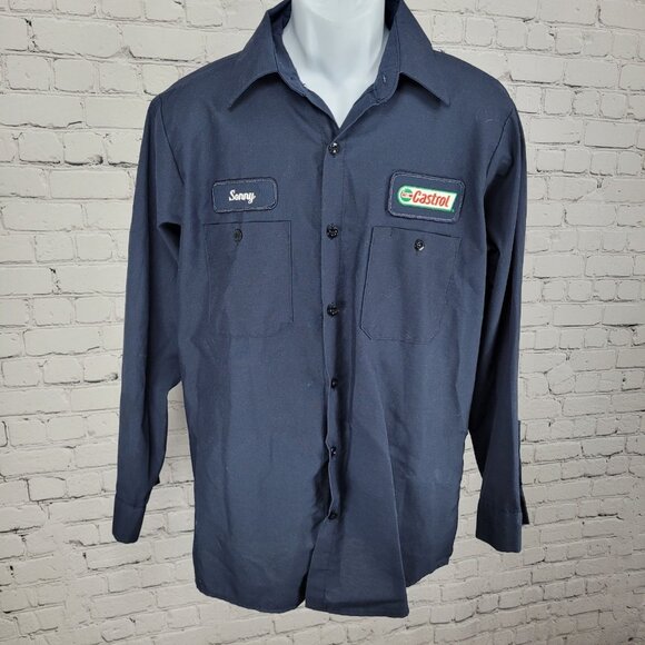 Castrol Lube Express Navy Workwear Mechanic Button Up Long Sleeve Shirt 15.5-02 - Picture 1 of 11